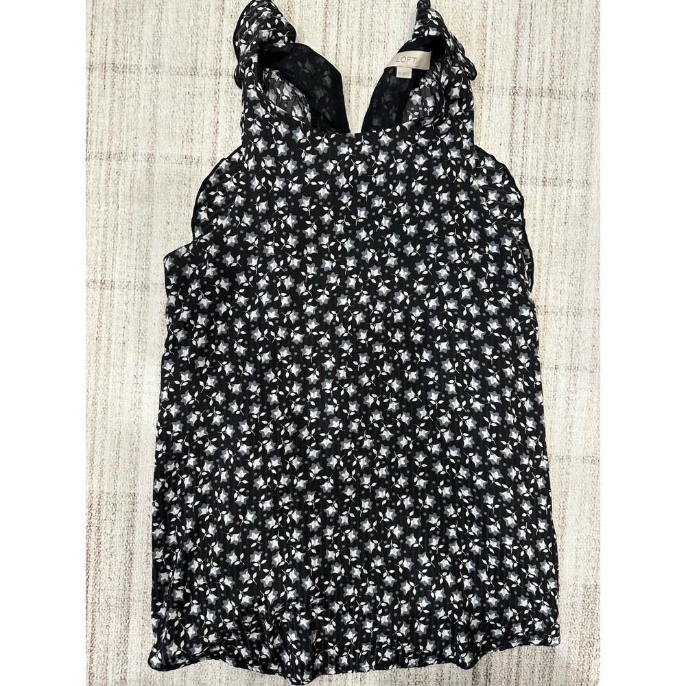 Ann Taylor Loft Women's Shirt XS Classic Minimal Floral Black Chic Office Ruffle